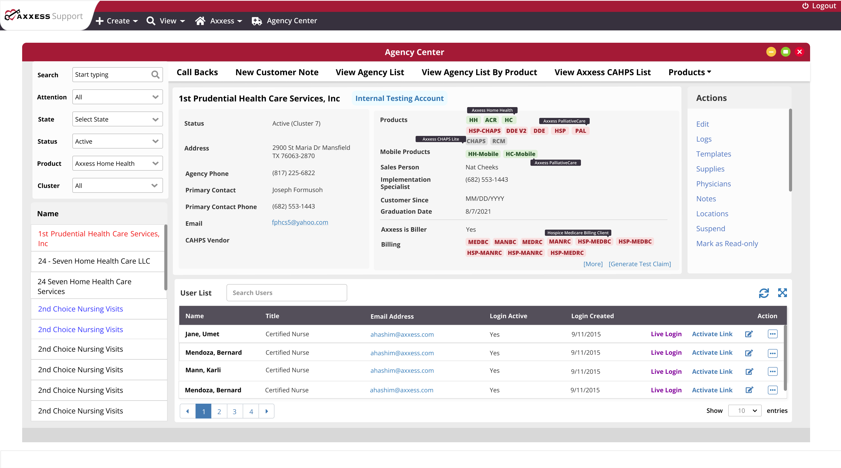 After: redesigned Agency Center dashboard with tab navigation, colored product tags, organized information hierarchy, and user list