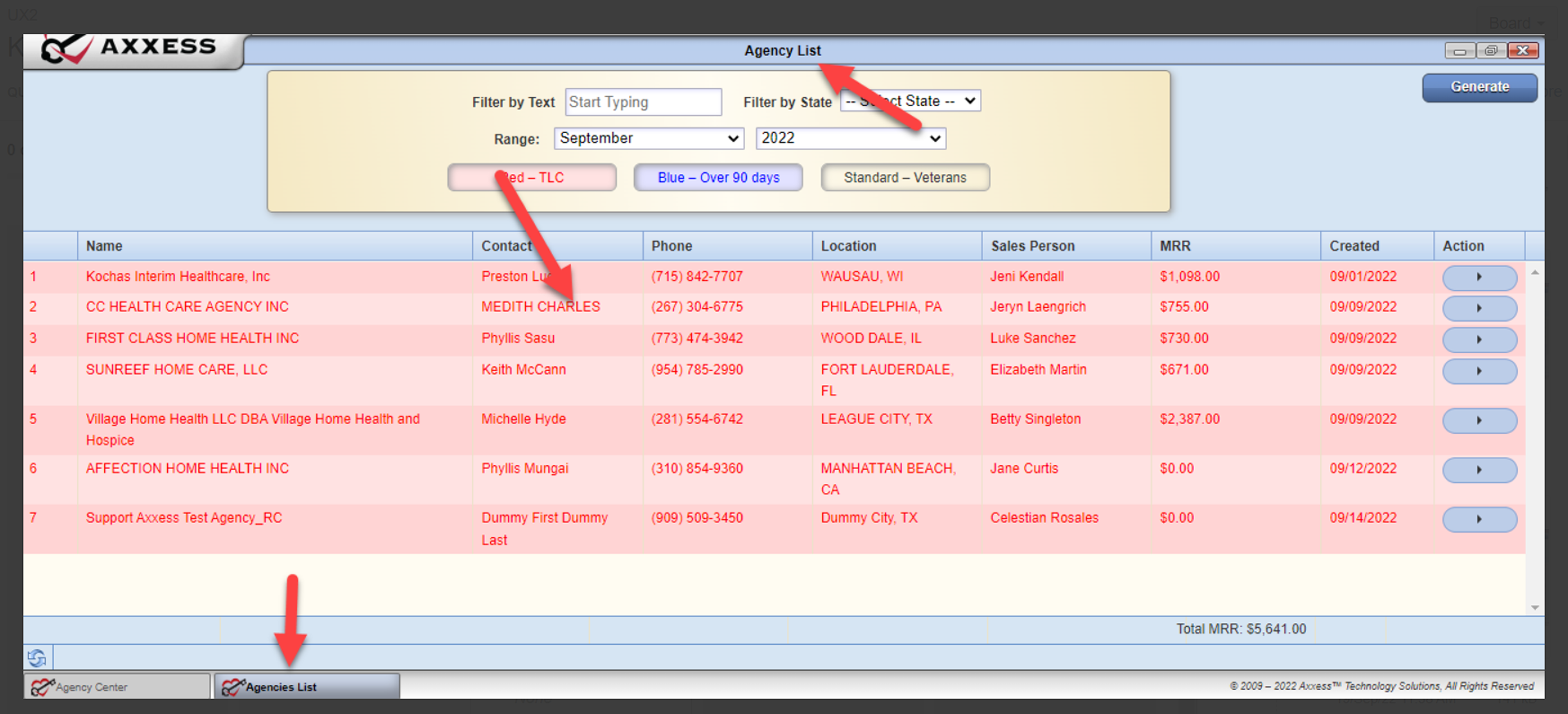 Before state of Agency List showing uneven table information, wrong placement of action buttons, and red color usage indicating danger