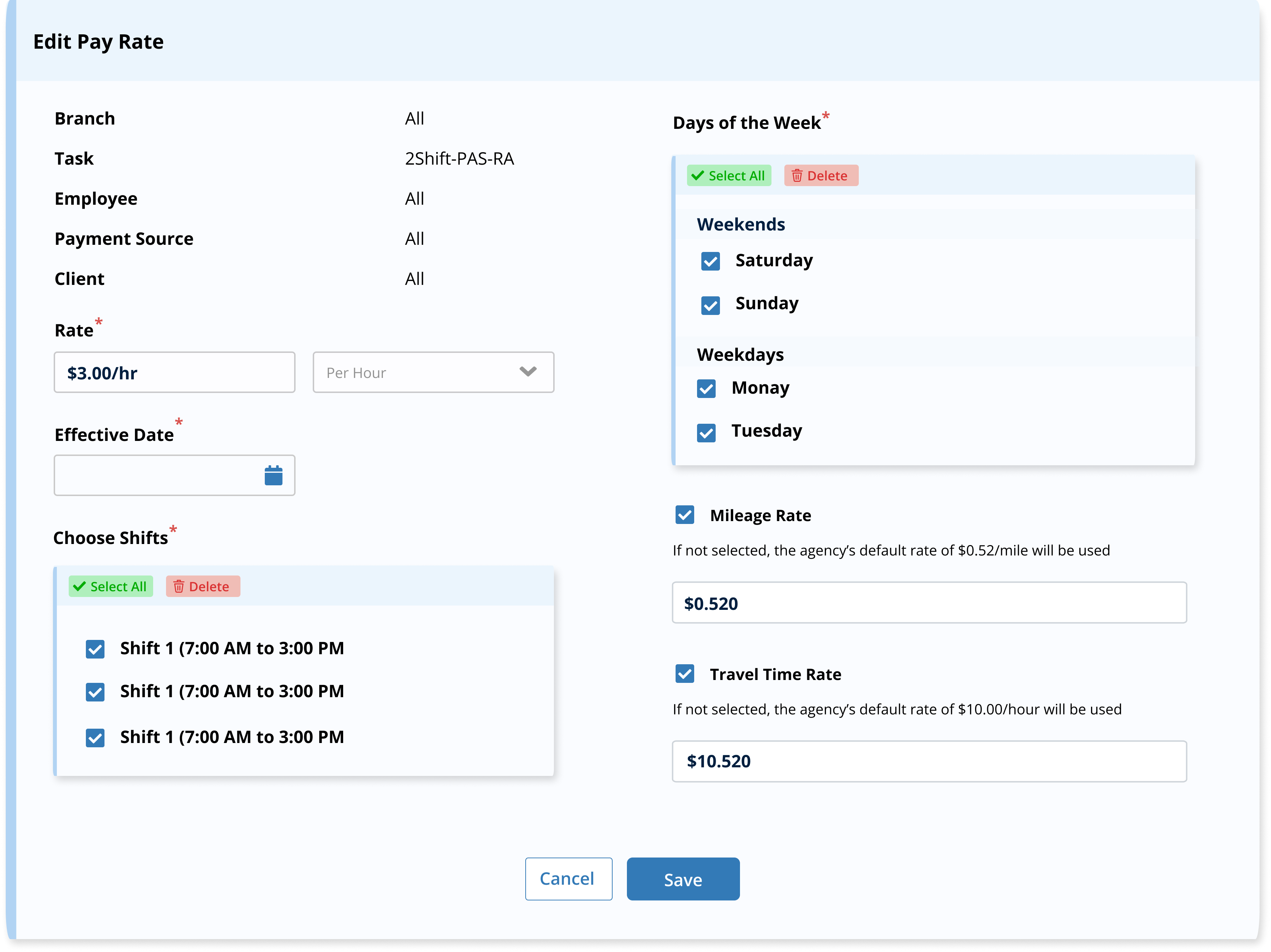 AxxessCare Edit Pay Rate dialog showing consistent dialog and form patterns