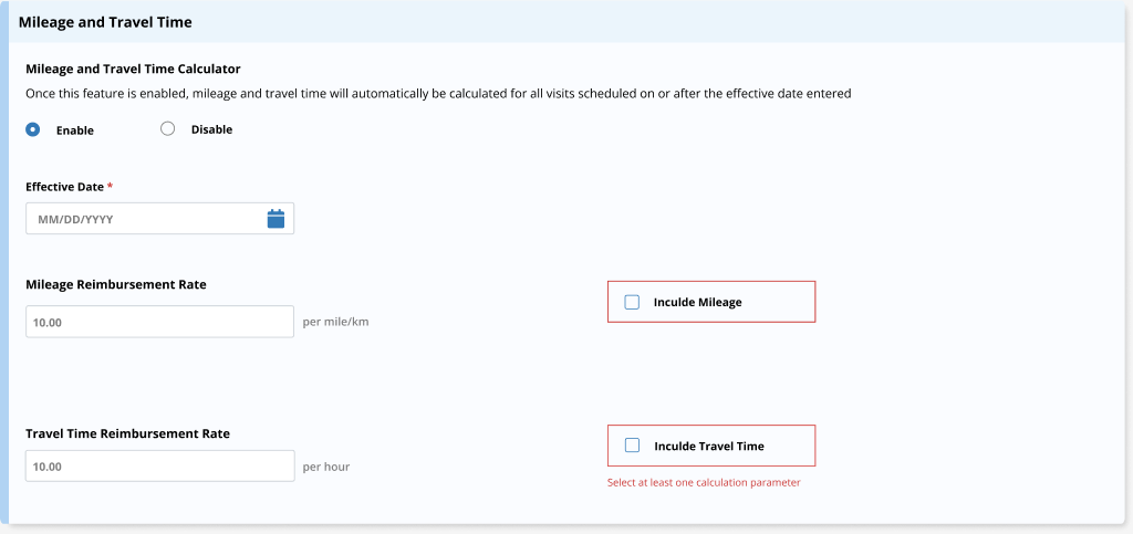 AxxessCare Mileage and Travel Time settings using shared form components