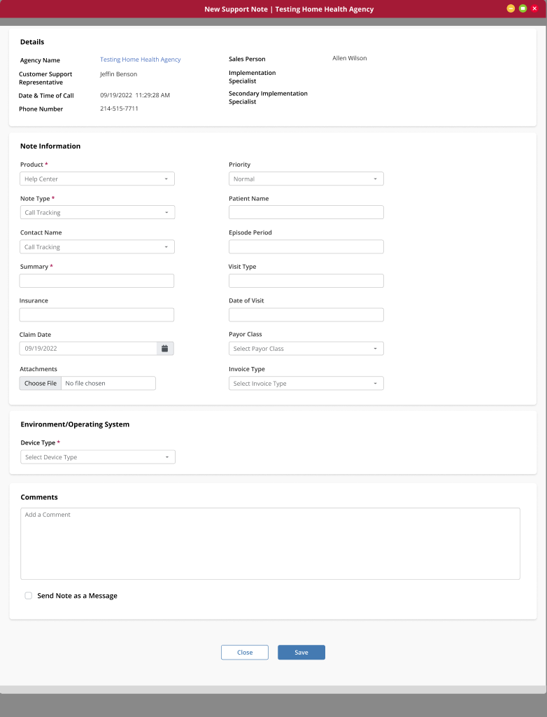 New Support Note form showing design system form components in another product context