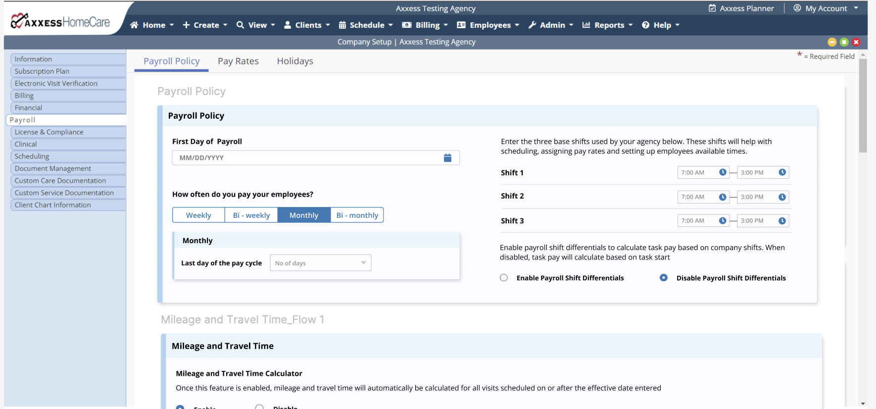 AxxessCare Payroll Policy page showing the design system applied to a different product