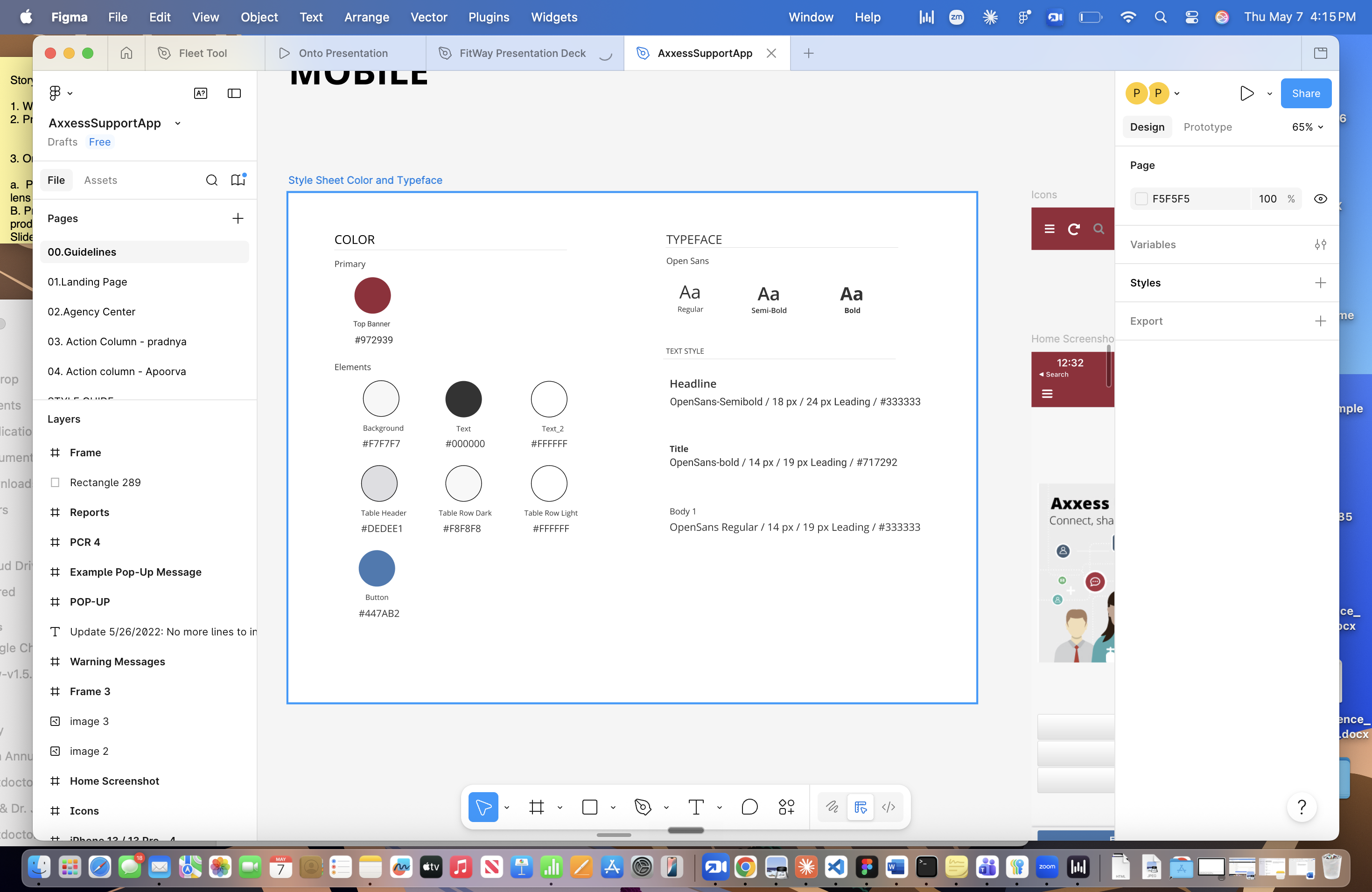 Axxess design system showing color palette and CSS properties