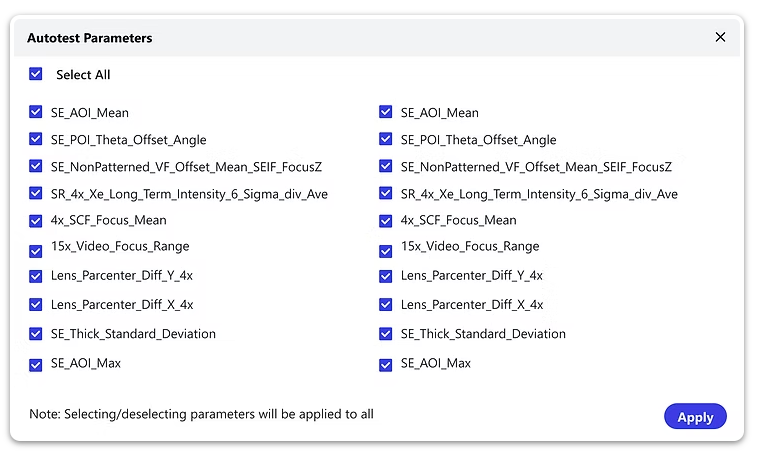 Autotest Parameters selection modal showing two-column checkbox layout with Select All control