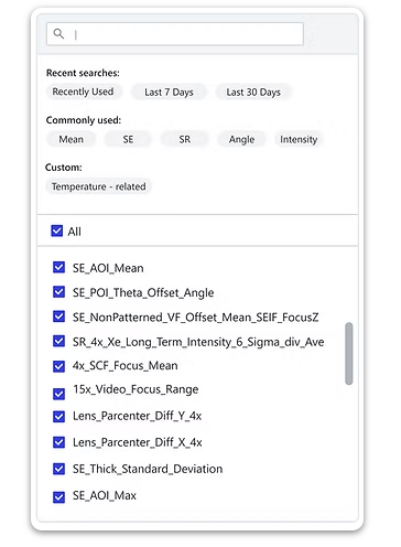 Parameter search dropdown with recent searches, commonly used tags, and custom categories