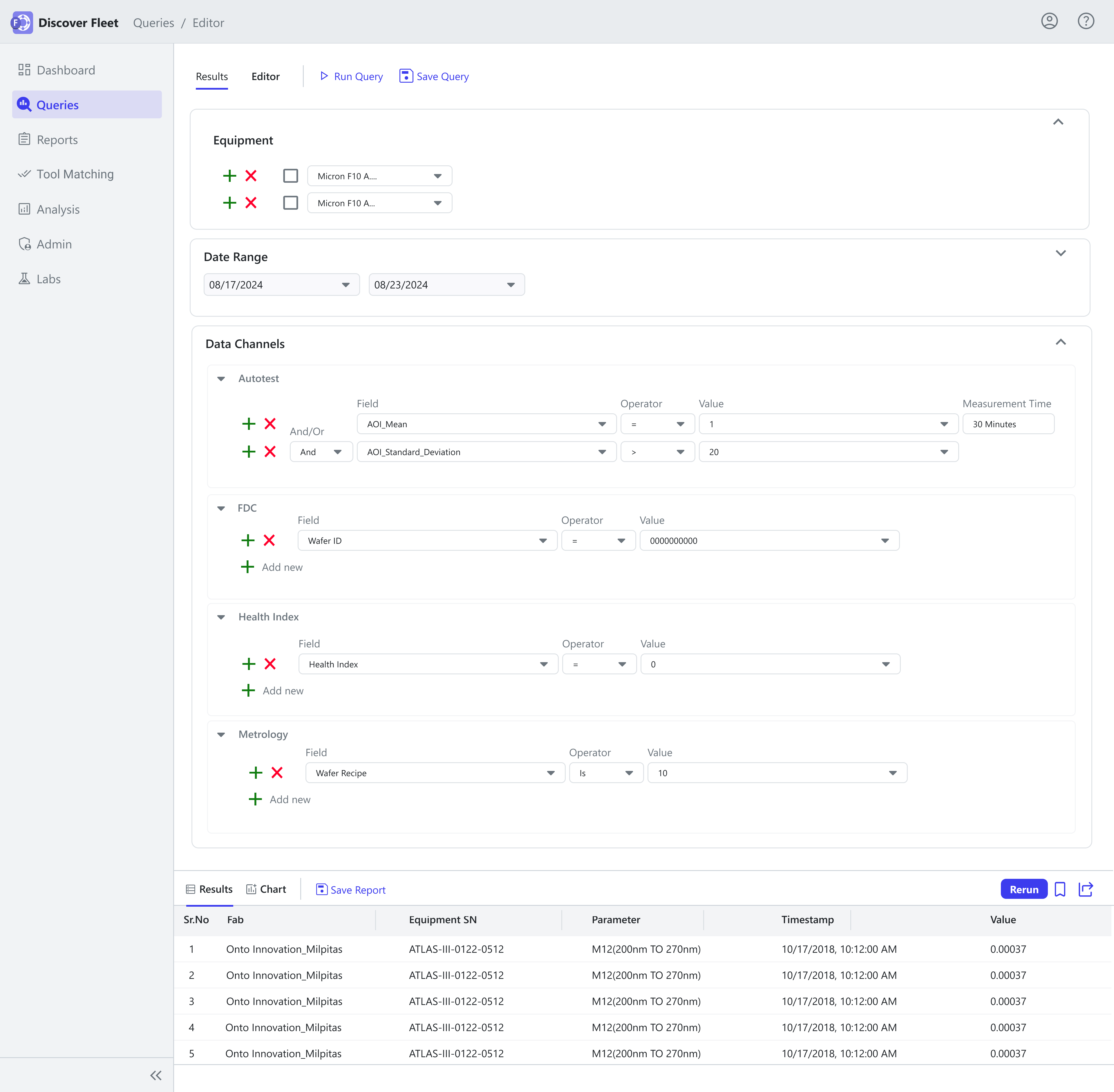 Query Builder shipped design showing structured query fields and results table